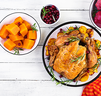 Healthy Thanksgiving meal options Including turkey, sweet potato and cranberries.